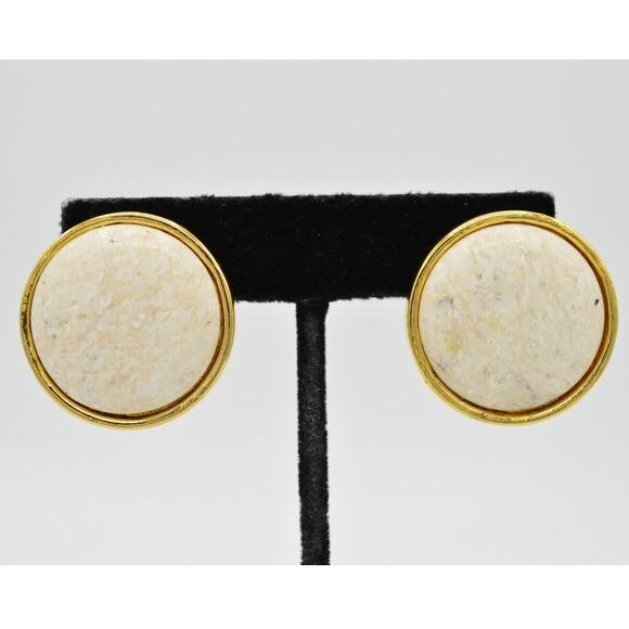 L.G. P. Vintage Clip On Cabochon Earrings Heavy Marbled Chunky Signed 1980s 9L - Picture 1 of 12